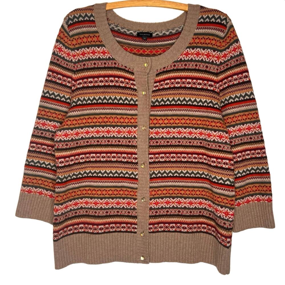 Talbots Size XL Fair Isle Wool Blend Cardigan Classic Autumn Sweater 3/4 Sleeve